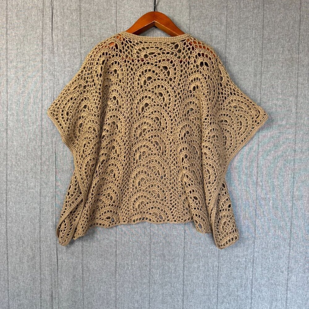 Tan Camel Crochet High Collar Pull Over Side Snap Closure Coastal Boho Poncho - Picture 10 of 12